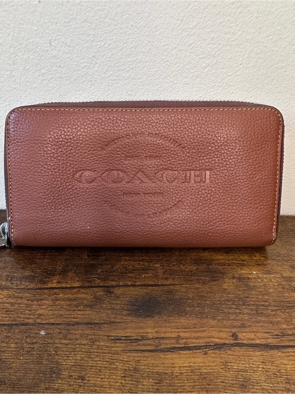 Coach F24648 Accordion Zip Around Long Wallet Brown Saddle Pebbled Leather Logo
